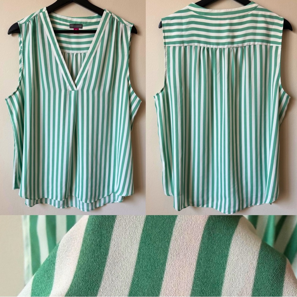 Vince Camuto Green & White Striped Sleeveless V-Neck Pleated Shell Blouse XL